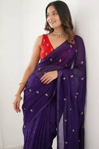 Jamli blue color space silk blend embroidered saree with un-stitched blouse