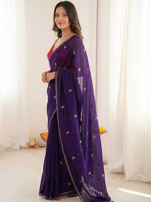 Jamli blue color space silk blend embroidered saree with un-stitched blouse 3