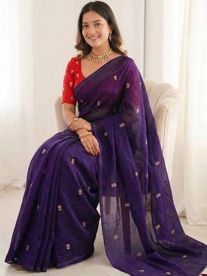 Jamli blue color space silk blend embroidered saree with un-stitched blouse 4