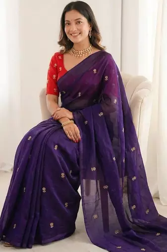 Jamli blue color space silk blend embroidered saree with un-stitched blouse