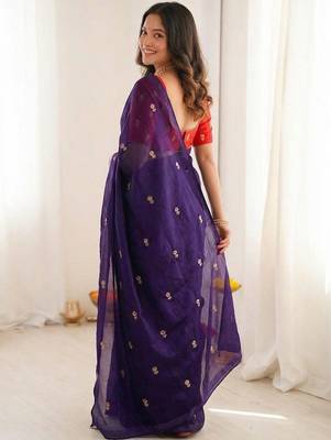 Jamli blue color space silk blend embroidered saree with un-stitched blouse 5