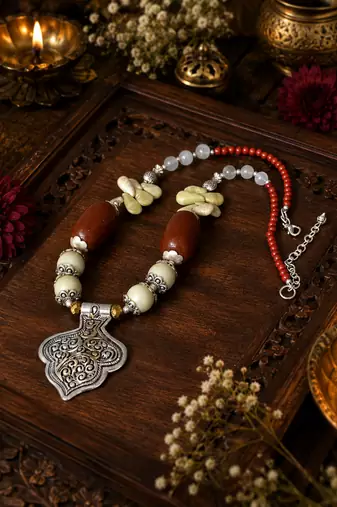 Artisan stone two tone beaded necklace