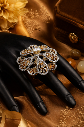 Regal Blossom Gold Finish CZ Designer Ring