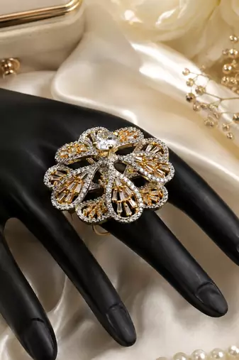 Regal Blossom Gold Finish CZ Designer Ring