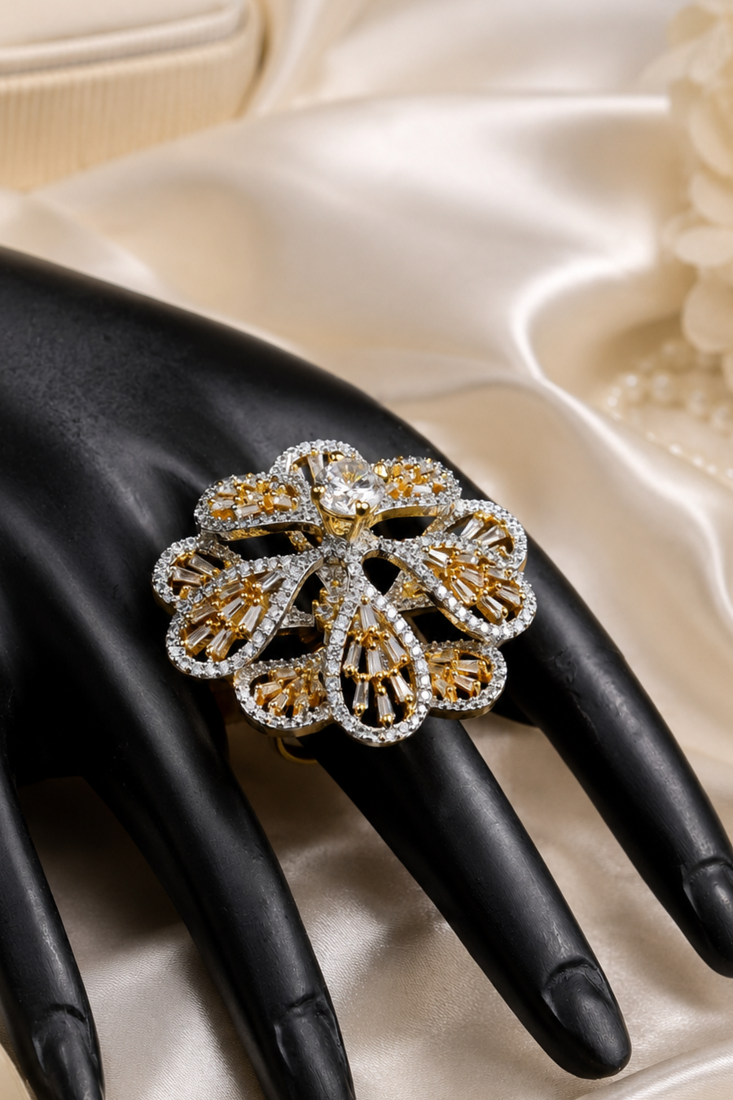 Regal Blossom Gold Finish CZ Designer Ring