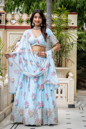 Women's Sky Blue Zari Sequin Embroidery Digital Printed Work Lehenga Choli