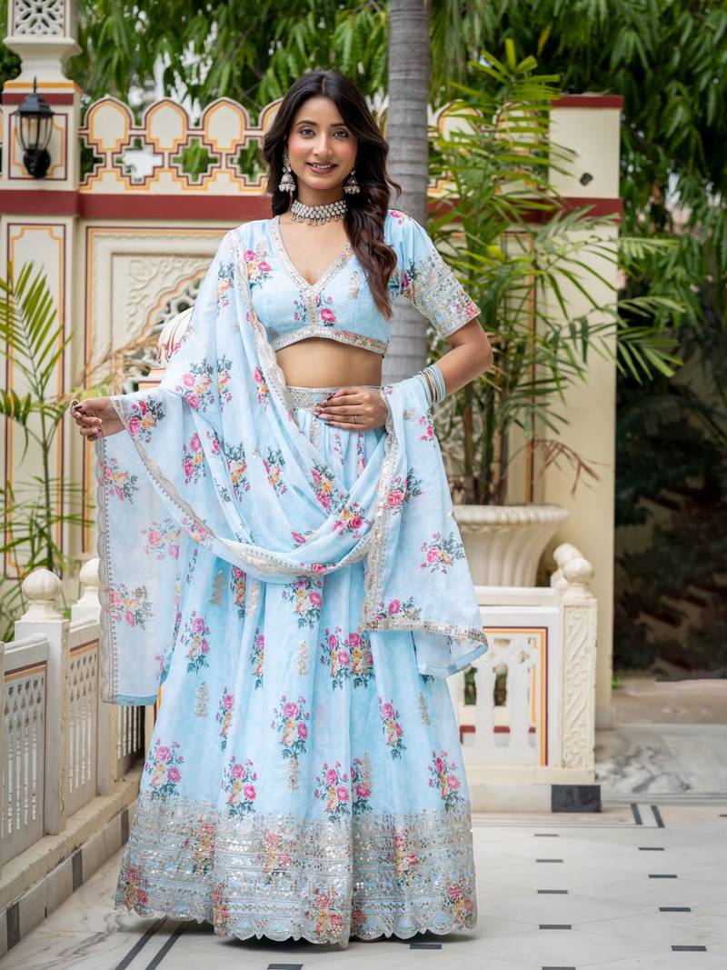 Women's Sky Blue Zari Sequin Embroidery Digital Printed Work Lehenga Choli