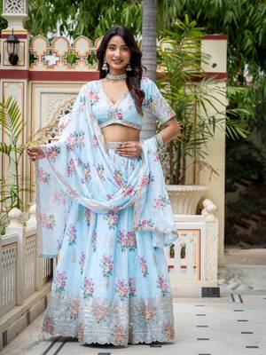 Women's Sky Blue Zari Sequin Embroidery Digital Printed Work Lehenga Choli 1