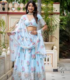 Women's Sky Blue Zari Sequin Embroidery Digital Printed Work Lehenga Choli