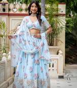 Women's Sky Blue Zari Sequin Embroidery Digital Printed Work Lehenga Choli