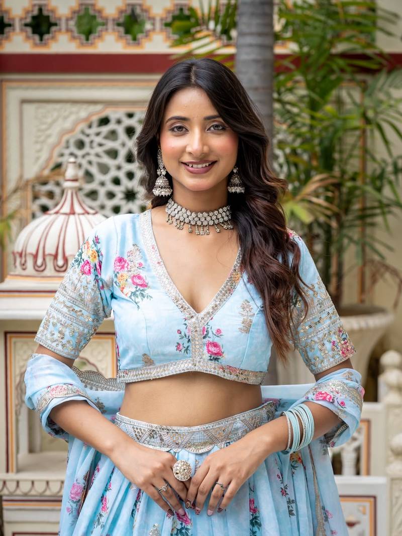 Women's Sky Blue Zari Sequin Embroidery Digital Printed Work Lehenga Choli