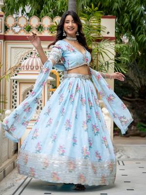 Women's Sky Blue Zari Sequin Embroidery Digital Printed Work Lehenga Choli 3