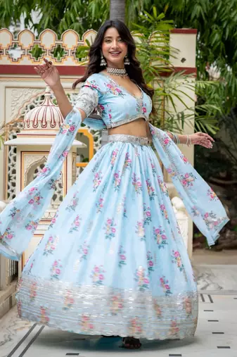 Women's Sky Blue Zari Sequin Embroidery Digital Printed Work Lehenga Choli