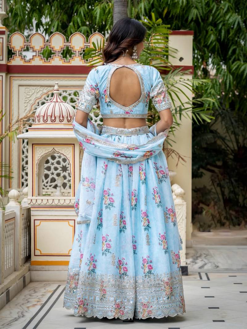Women's Sky Blue Zari Sequin Embroidery Digital Printed Work Lehenga Choli