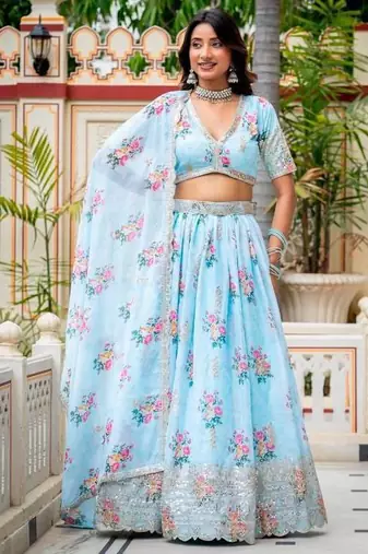 Women's Sky Blue Zari Sequin Embroidery Digital Printed Work Lehenga Choli