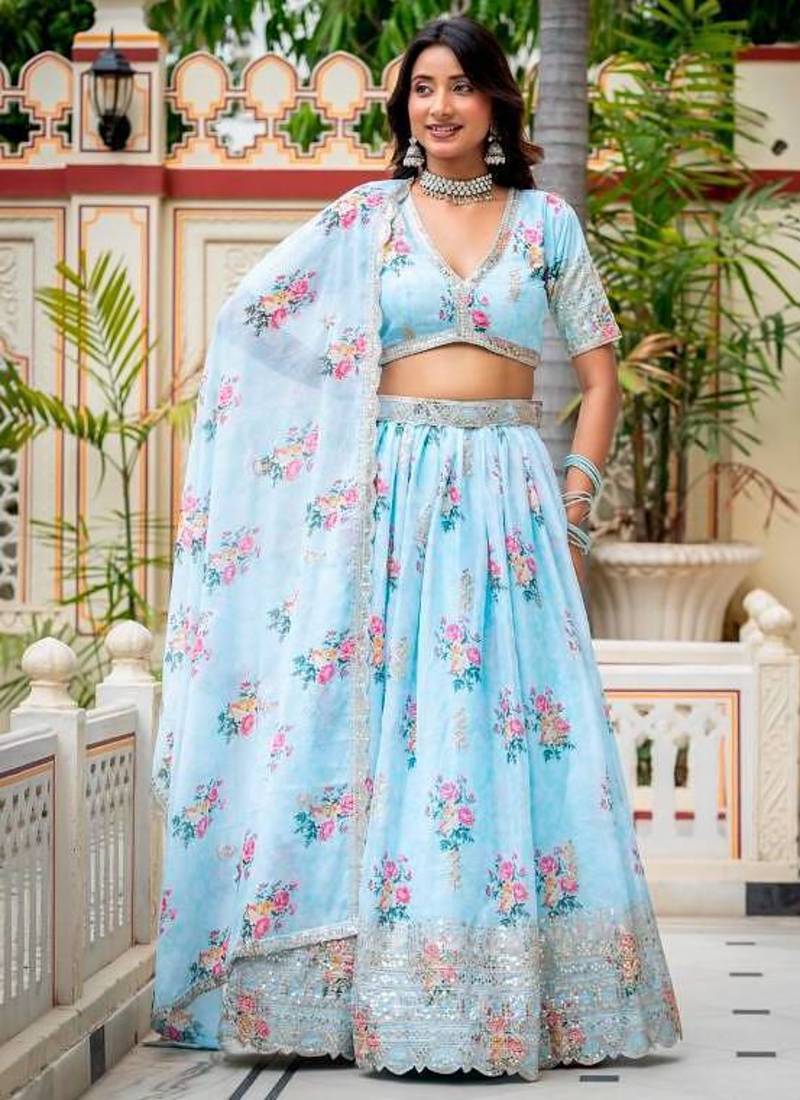Women's Sky Blue Zari Sequin Embroidery Digital Printed Work Lehenga Choli