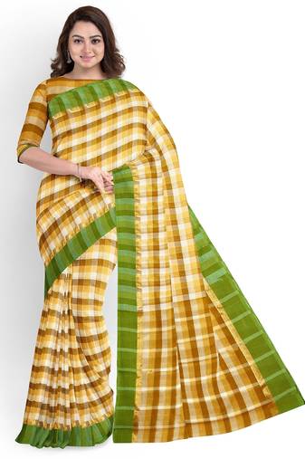 Mustard checked cotton blend saree with green border