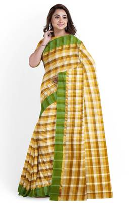 Mustard checked cotton blend saree with green border 2
