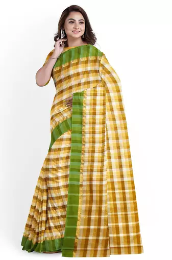 Mustard checked cotton blend saree with green border