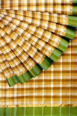 Mustard checked cotton blend saree with green border 3