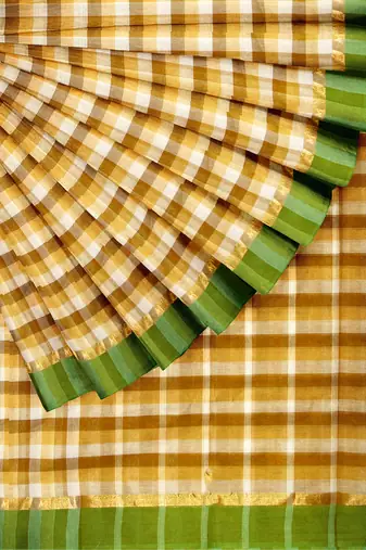 Mustard checked cotton blend saree with green border
