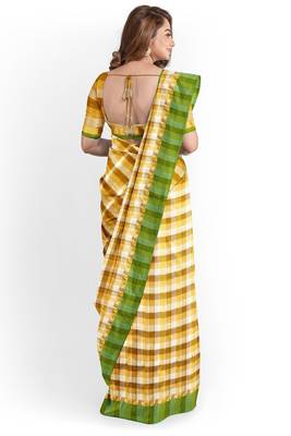 Mustard checked cotton blend saree with green border 4