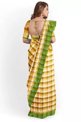 Mustard checked cotton blend saree with green border