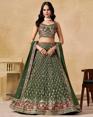 Green Georgette Thread Embroidery Work Lehenga Choli 1