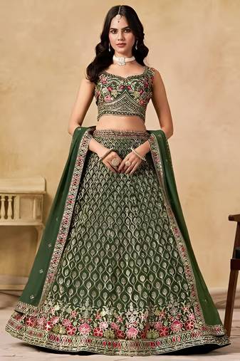 Green Georgette Thread Embroidery Work Lehenga Choli
