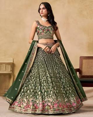 Green Georgette Thread Embroidery Work Lehenga Choli 2