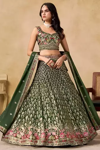 Green Georgette Thread Embroidery Work Lehenga Choli
