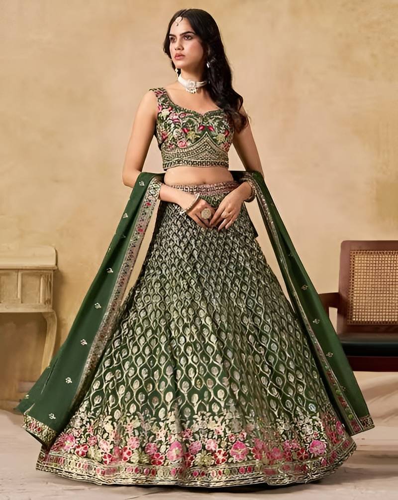 Green Georgette Thread Embroidery Work Lehenga Choli