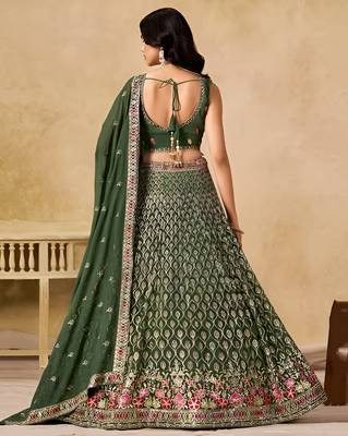 Green Georgette Thread Embroidery Work Lehenga Choli 3