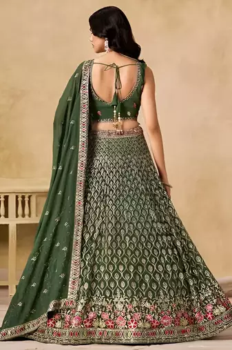 Green Georgette Thread Embroidery Work Lehenga Choli