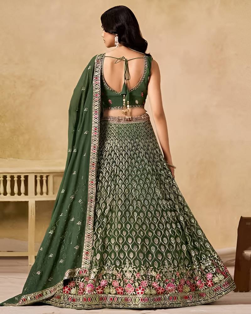 Green Georgette Thread Embroidery Work Lehenga Choli