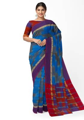Royal blue ikat style saree with purple border 1