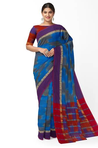 Royal blue ikat style saree with purple border