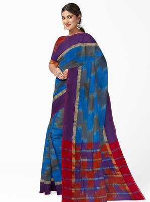 Royal blue ikat style saree with purple border 2