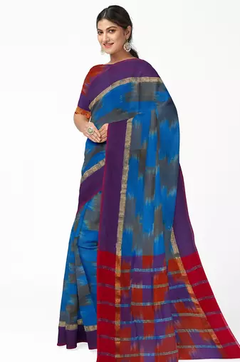 Royal blue ikat style saree with purple border