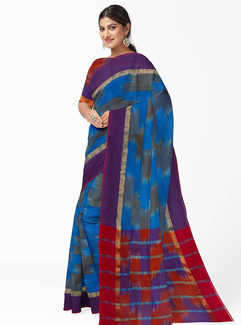 Royal blue ikat style saree with purple border