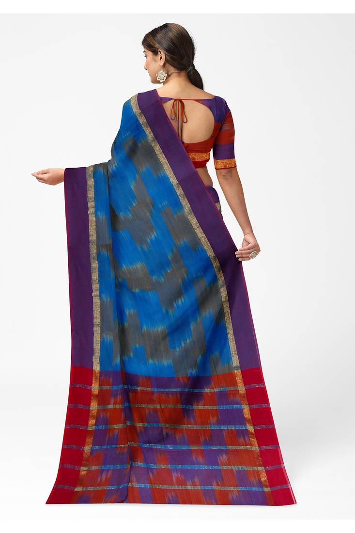 Royal blue ikat style saree with purple border