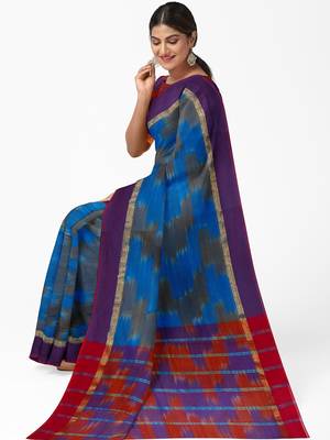 Royal blue ikat style saree with purple border 4
