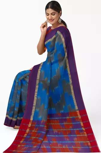 Royal blue ikat style saree with purple border