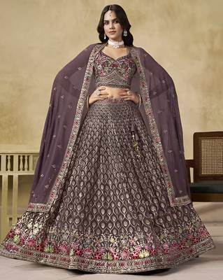 Dusty Mauve Georgette Thread Embroidery Work Lehenga Choli 1