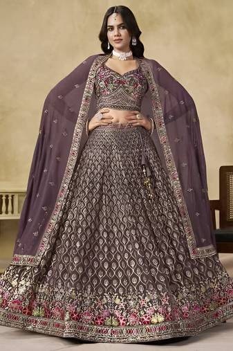 Dusty Mauve Georgette Thread Embroidery Work Lehenga Choli