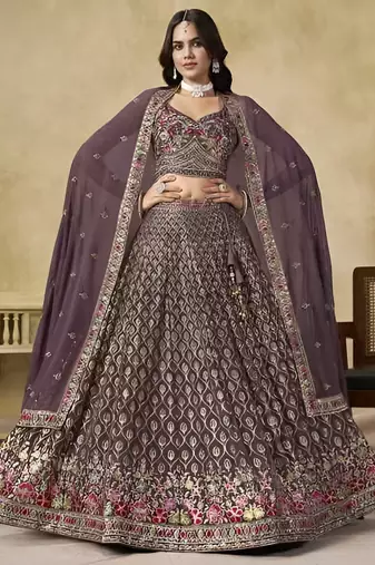 Dusty Mauve Georgette Thread Embroidery Work Lehenga Choli