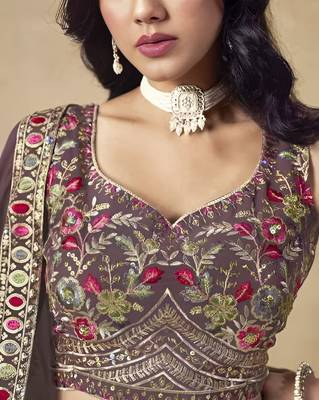 Dusty Mauve Georgette Thread Embroidery Work Lehenga Choli 2