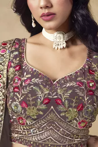 Dusty Mauve Georgette Thread Embroidery Work Lehenga Choli