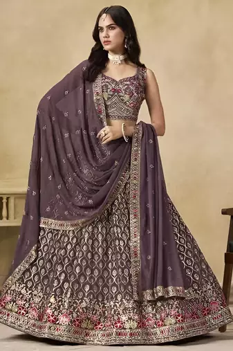 Dusty Mauve Georgette Thread Embroidery Work Lehenga Choli