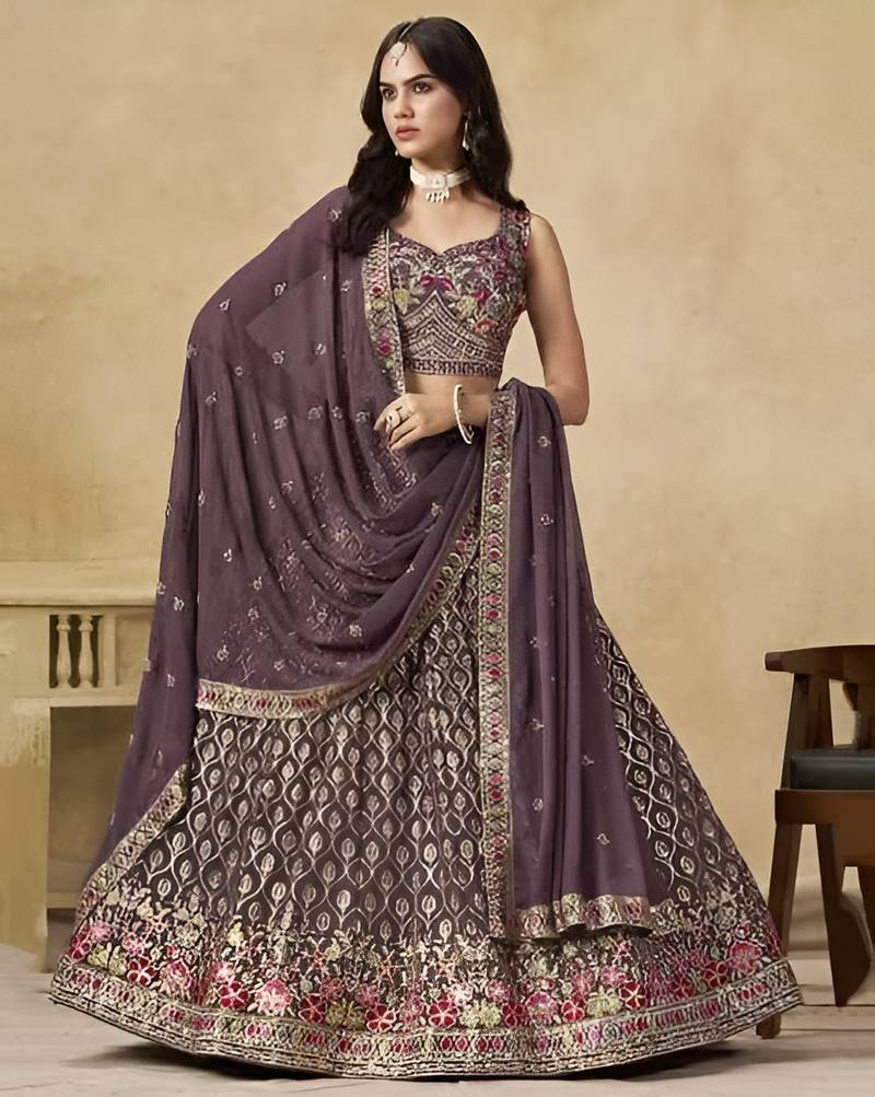 Dusty Mauve Georgette Thread Embroidery Work Lehenga Choli